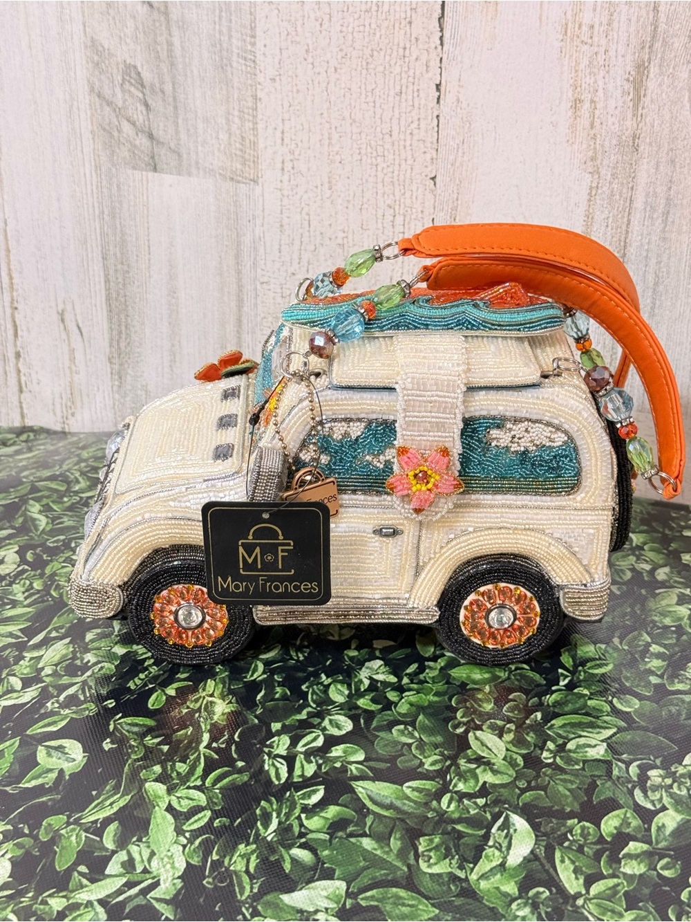 Mary Frances “Day Trip” Cream Beaded Camper Surf Theme Bag Cert of Authenticity
